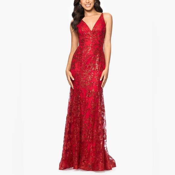 Blondie Nites Juniors' Glitter-Floral V-Neck Gown Red Sz 3 - Picture 1 of 10